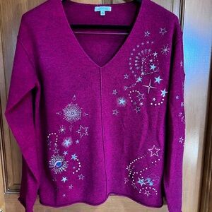 Johnny Was Fuchsia V-Neck Sweater with Decorative Embroidery